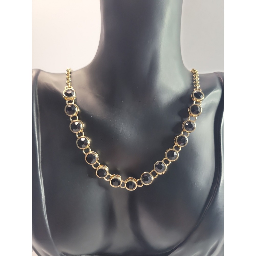 Black Faceted Crystal Necklace Gold Tone Bezel Set Statement Collar Necklace  Al